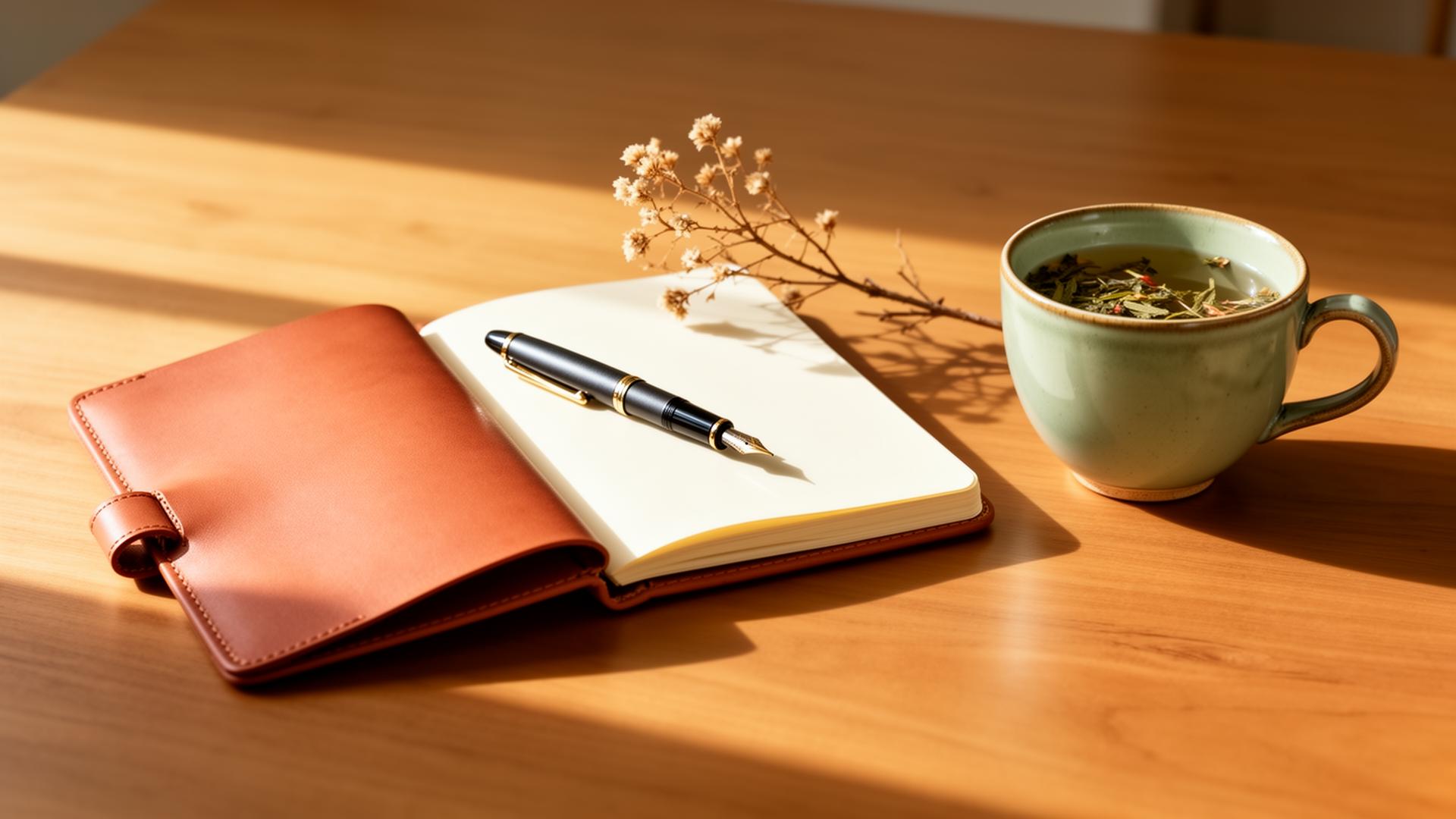Carnet de notes ouvert avec stylo plume et tasse de thé sur un bureau ensoleillé